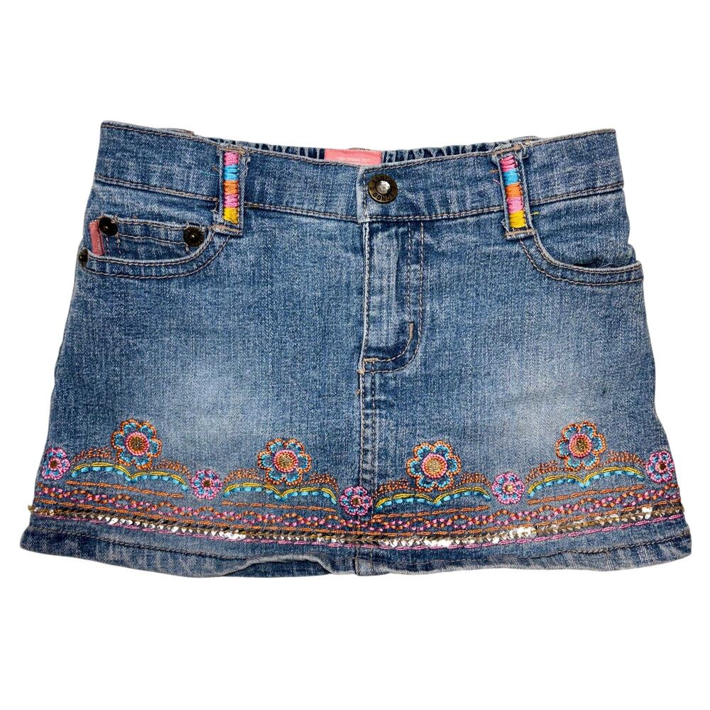 Vintage Bongo Mini Skirt Girls Kids 4 Blue Floral Embroidered Sequined Y2k Denim